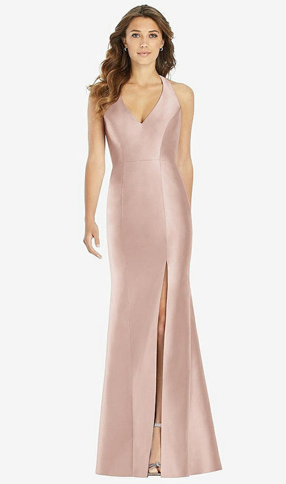 【STYLE: D761】V-Neck Halter Satin Trumpet Gown【COLOR: Toasted Sugar】