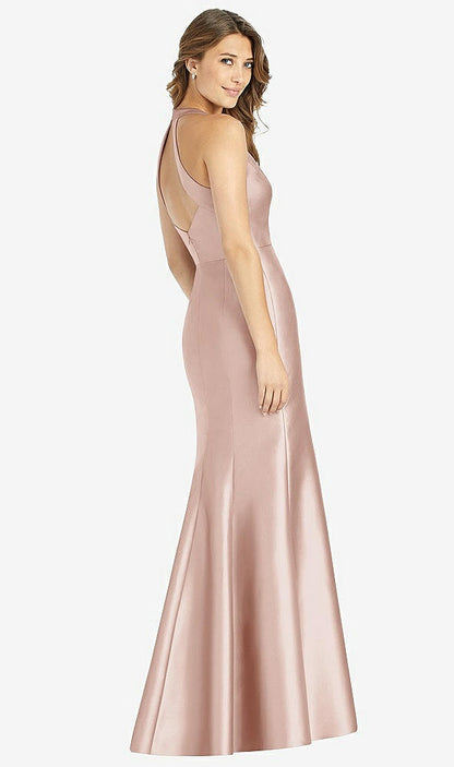 【STYLE: D761】V-Neck Halter Satin Trumpet Gown【COLOR: Toasted Sugar】