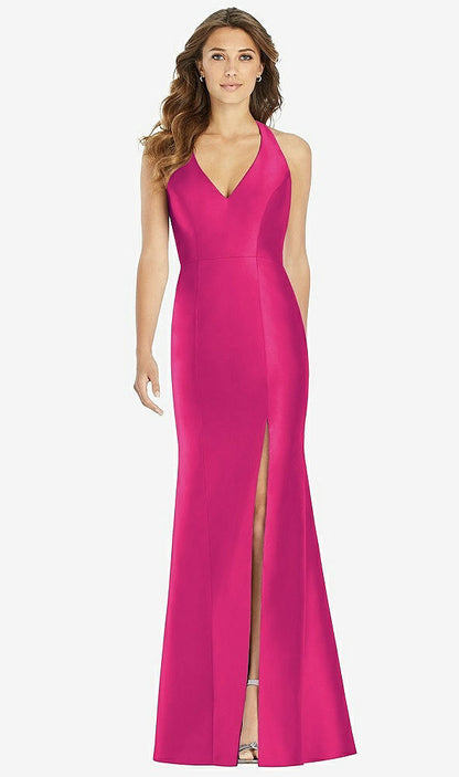【STYLE: D761】V-Neck Halter Satin Trumpet Gown【COLOR: Think Pink】