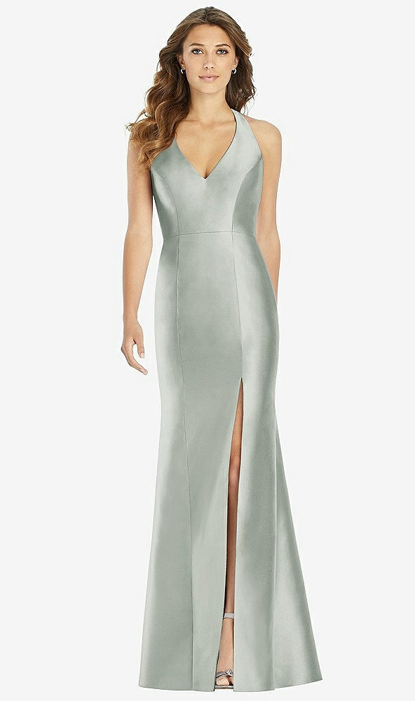 【STYLE: D761】V-Neck Halter Satin Trumpet Gown【COLOR: Willow Green】