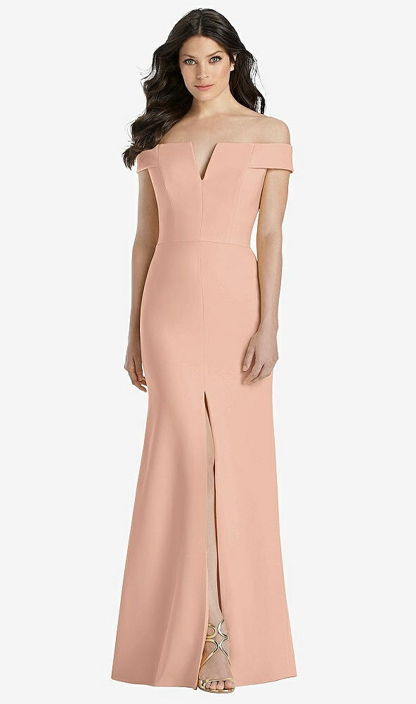 【NEW】【STYLE: 3038】オフショルダー ノッチ トランペット ガウン 前面 スリット【COLOR: Pale Peach】【SIZE: 00-30W】