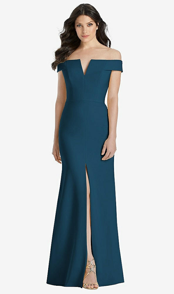 【STYLE: 3038】Off-the-Shoulder Notch Trumpet Gown with Front Slit【COLOR: Atlantic Blue】