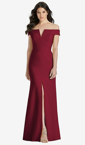 【STYLE: 3038】Off-the-Shoulder Notch Trumpet Gown with Front Slit【COLOR: Burgundy】
