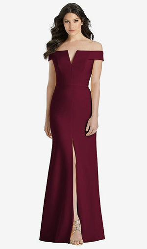 【STYLE: 3038】Off-the-Shoulder Notch Trumpet Gown with Front Slit【COLOR: Cabernet】