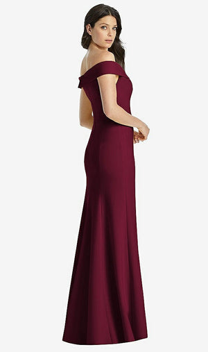 【STYLE: 3038】Off-the-Shoulder Notch Trumpet Gown with Front Slit【COLOR: Cabernet】