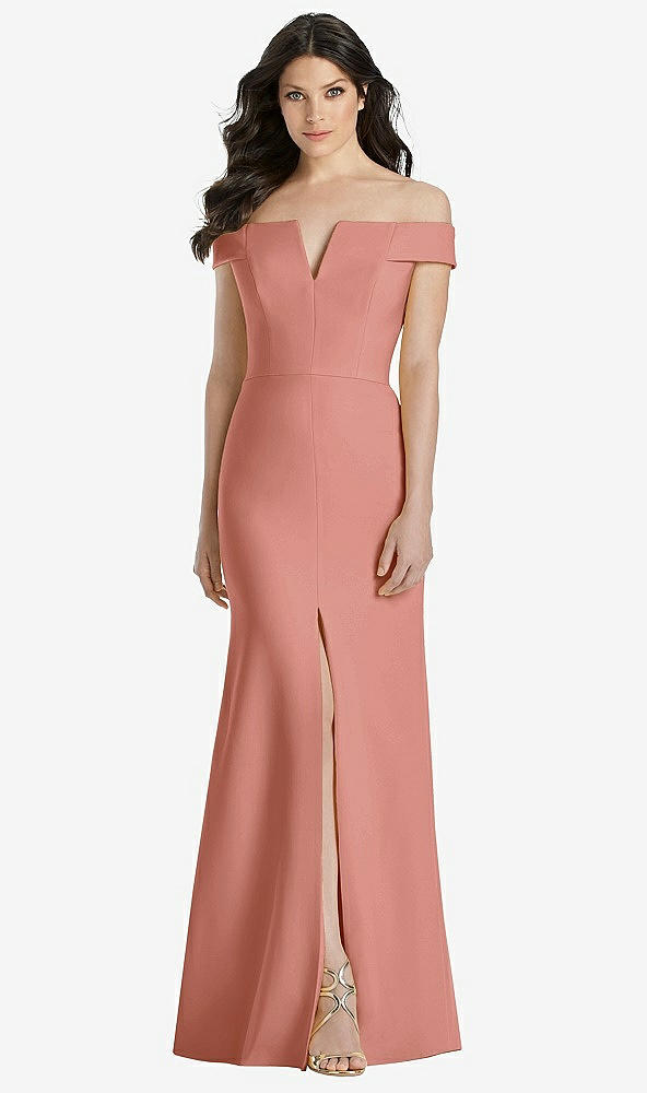 【STYLE: 3038】Off-the-Shoulder Notch Trumpet Gown with Front Slit【COLOR: Desert Rose】