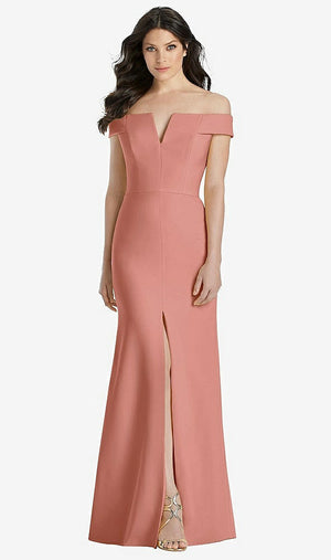 【STYLE: 3038】Off-the-Shoulder Notch Trumpet Gown with Front Slit【COLOR: Desert Rose】
