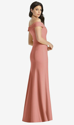 【STYLE: 3038】Off-the-Shoulder Notch Trumpet Gown with Front Slit【COLOR: Desert Rose】