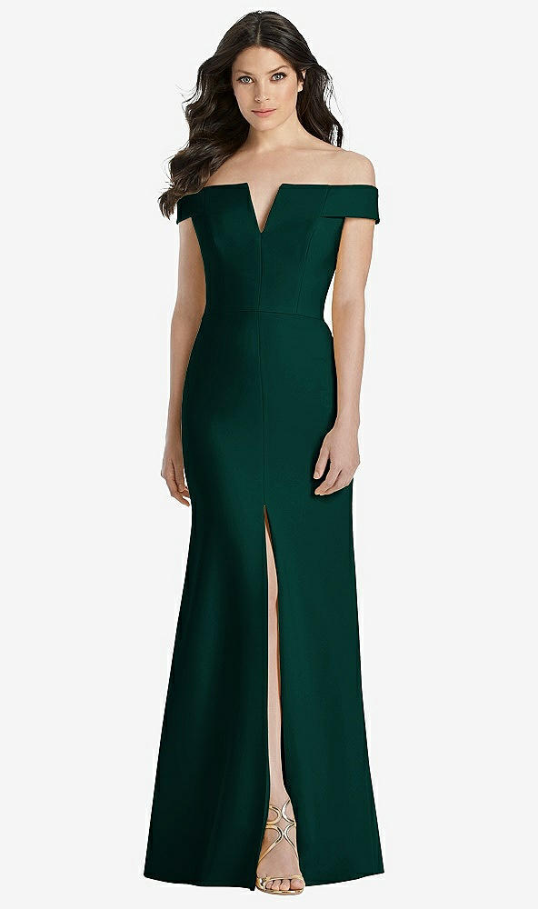 【STYLE: 3038】Off-the-Shoulder Notch Trumpet Gown with Front Slit【COLOR: Evergreen】