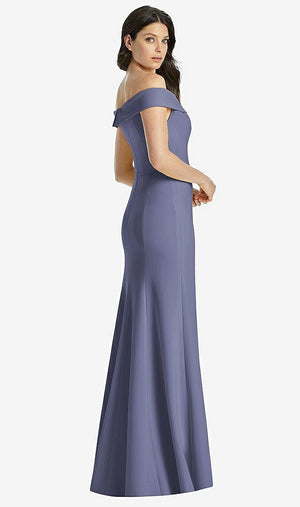 【STYLE: 3038】Off-the-Shoulder Notch Trumpet Gown with Front Slit【COLOR: French Blue】