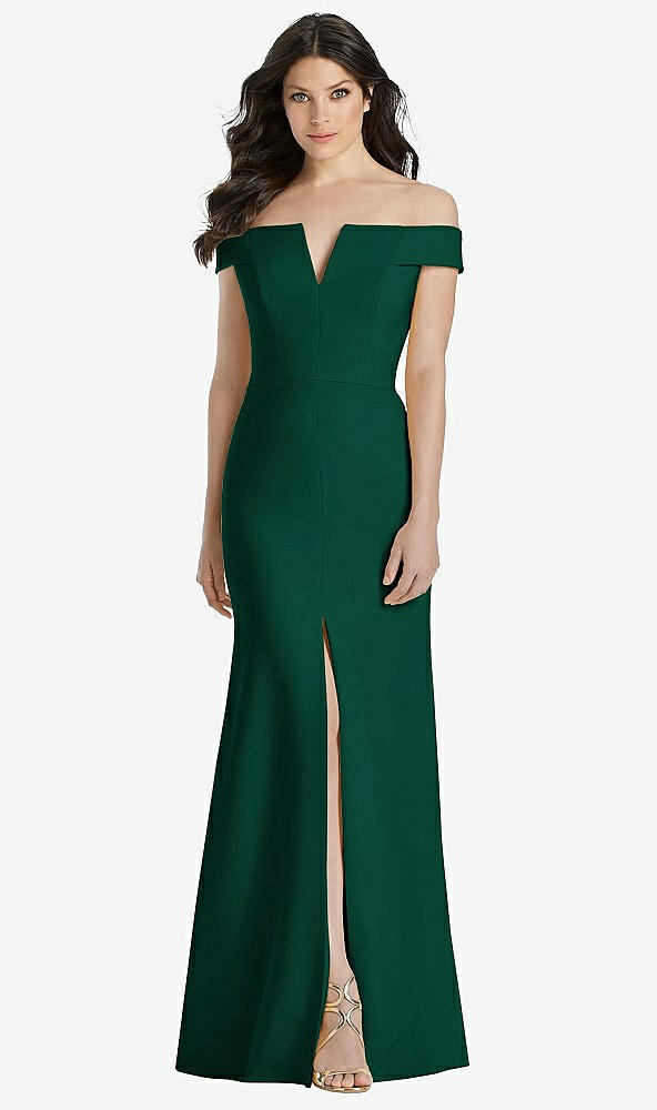 【STYLE: 3038】Off-the-Shoulder Notch Trumpet Gown with Front Slit【COLOR: Hunter Green】