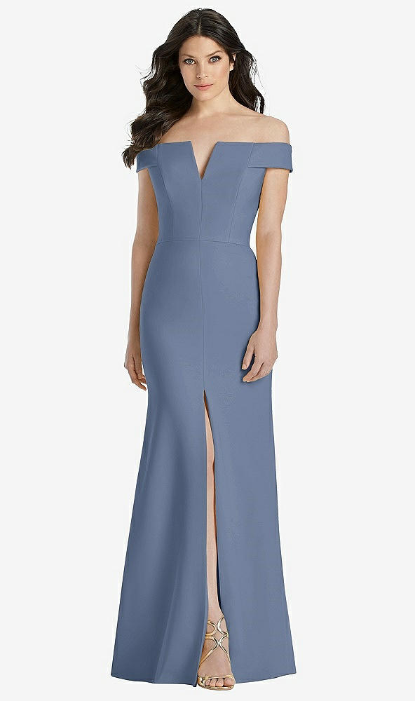 【STYLE: 3038】Off-the-Shoulder Notch Trumpet Gown with Front Slit【COLOR: Larkspur Blue】