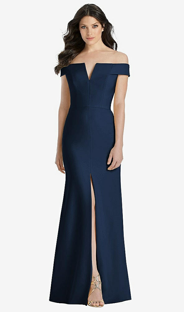 【STYLE: 3038】Off-the-Shoulder Notch Trumpet Gown with Front Slit【COLOR: Midnight Navy】