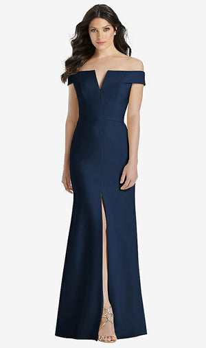 【STYLE: 3038】Off-the-Shoulder Notch Trumpet Gown with Front Slit【COLOR: Midnight Navy】