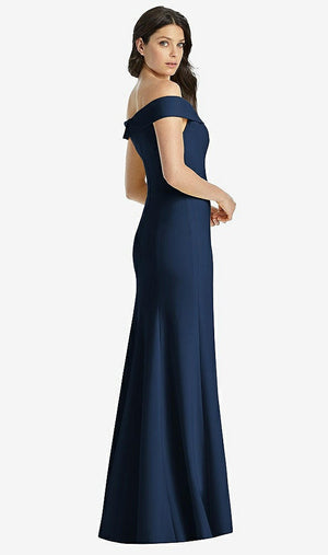 【STYLE: 3038】Off-the-Shoulder Notch Trumpet Gown with Front Slit【COLOR: Midnight Navy】