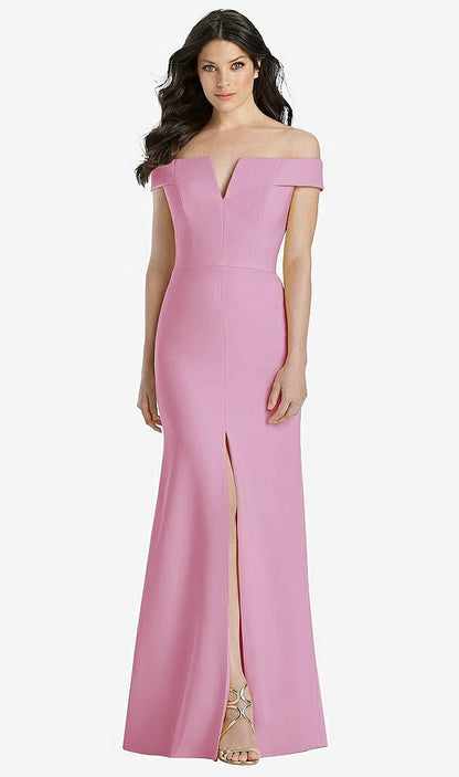 【STYLE: 3038】Off-the-Shoulder Notch Trumpet Gown with Front Slit【COLOR: Powder Pink】