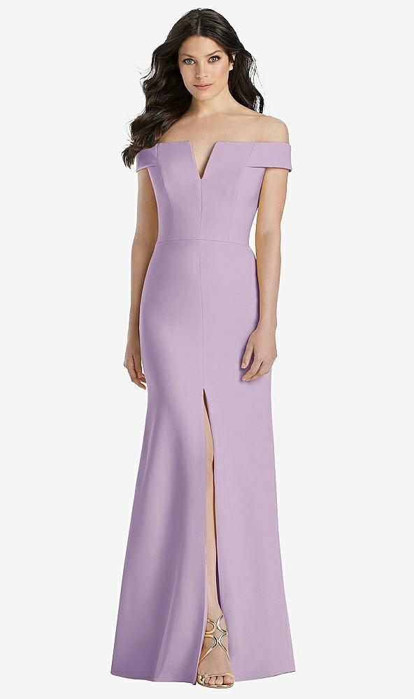 【STYLE: 3038】Off-the-Shoulder Notch Trumpet Gown with Front Slit【COLOR: Pale Purple】