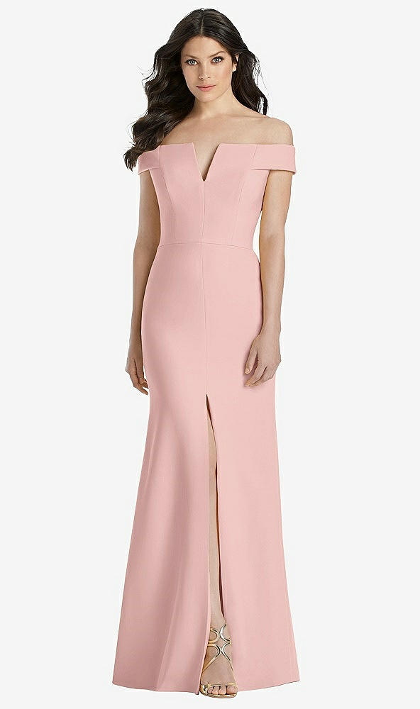 【STYLE: 3038】Off-the-Shoulder Notch Trumpet Gown with Front Slit【COLOR: Rose - PANTONE Rose Quartz】