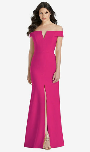 【STYLE: 3038】Off-the-Shoulder Notch Trumpet Gown with Front Slit【COLOR: Think Pink】