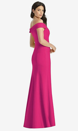 【STYLE: 3038】Off-the-Shoulder Notch Trumpet Gown with Front Slit【COLOR: Think Pink】