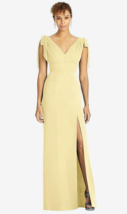 【STYLE: 4542】Bow-Shoulder Sleeveless Deep V-Back Mermaid Dress【COLOR: Pale Yellow】
