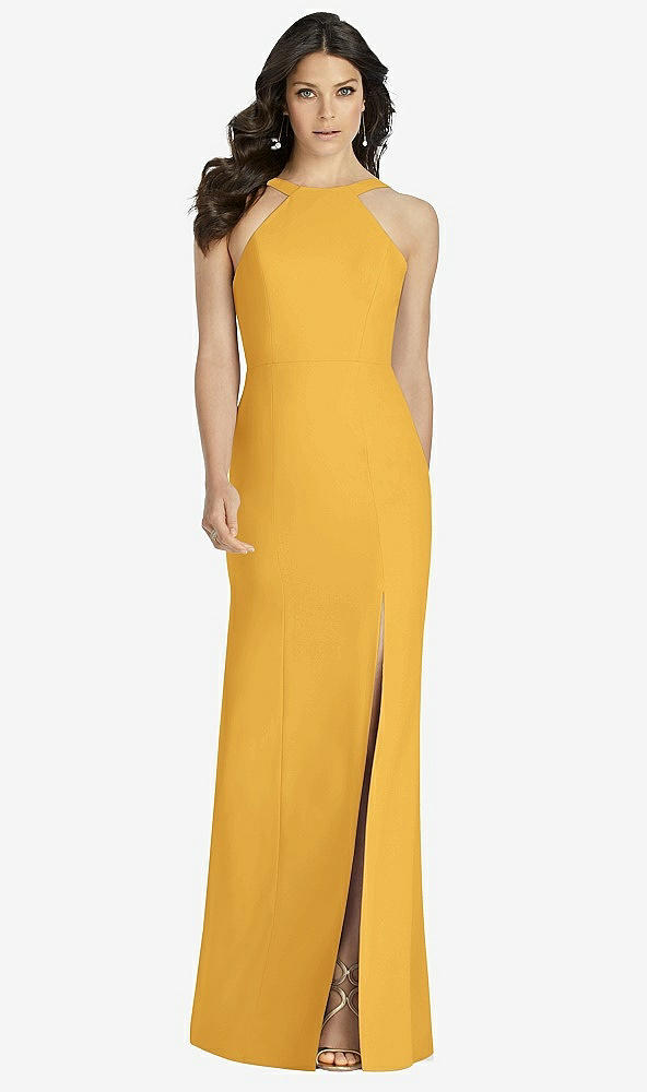 【STYLE: 3039】High-Neck Backless Crepe Trumpet Gown【COLOR: NYC Yellow】