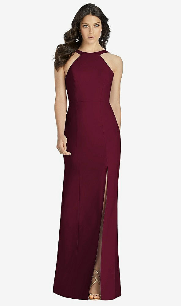 【NEW】【STYLE: 3039】ハイネック バックレス クレープ トランペット ガウン【COLOR: Cabernet】【SIZE: 00-30W】