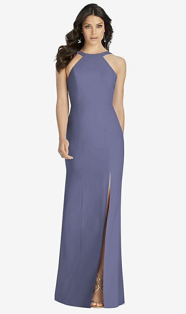 【STYLE: 3039】High-Neck Backless Crepe Trumpet Gown【COLOR: French Blue】