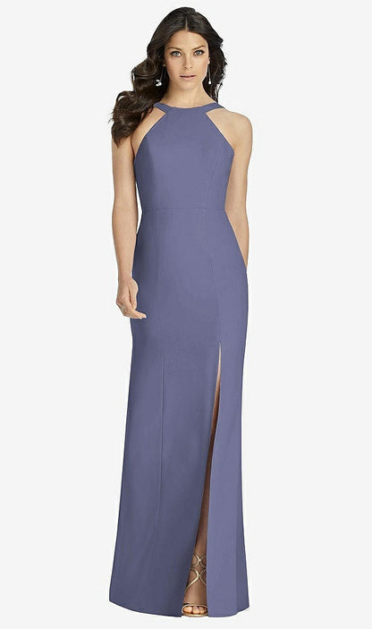 【STYLE: 3039】High-Neck Backless Crepe Trumpet Gown【COLOR: French Blue】