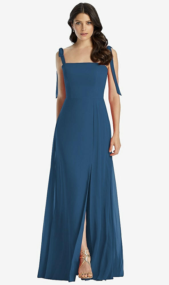 【STYLE: 3042】Tie-Shoulder Chiffon Maxi Dress with Front Slit【COLOR: Dusk Blue】