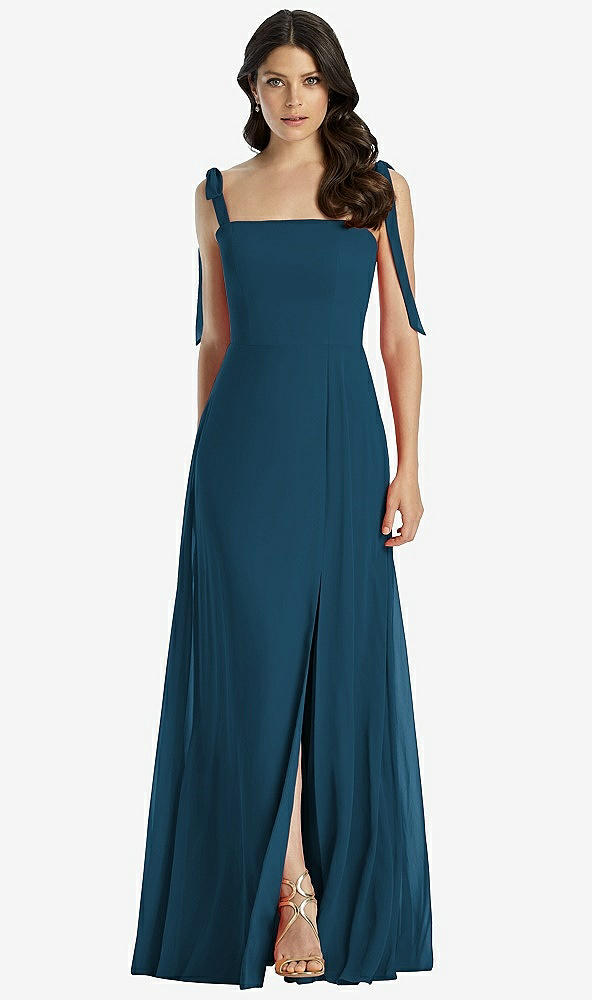 【STYLE: 3042】Tie-Shoulder Chiffon Maxi Dress with Front Slit【COLOR: Atlantic Blue】