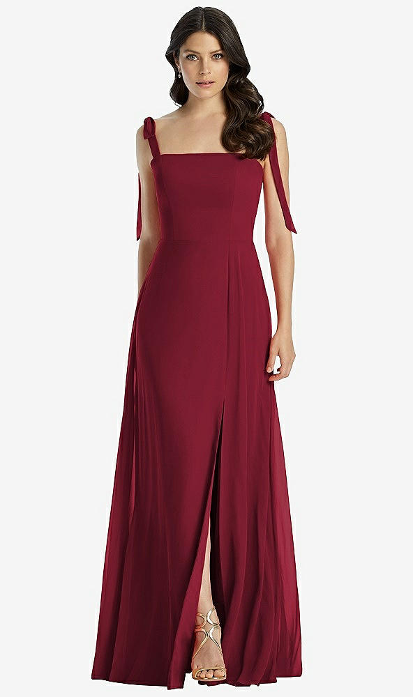 【STYLE: 3042】Tie-Shoulder Chiffon Maxi Dress with Front Slit【COLOR: Burgundy】
