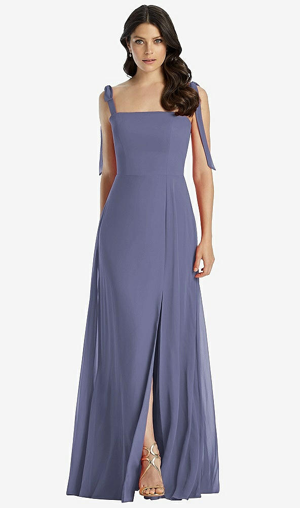 【STYLE: 3042】Tie-Shoulder Chiffon Maxi Dress with Front Slit【COLOR: French Blue】
