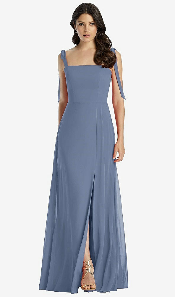 【STYLE: 3042】Tie-Shoulder Chiffon Maxi Dress with Front Slit【COLOR: Larkspur Blue】