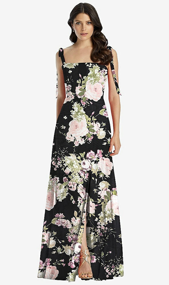 【STYLE: 3042】Tie-Shoulder Chiffon Maxi Dress with Front Slit【COLOR: Noir Garden】