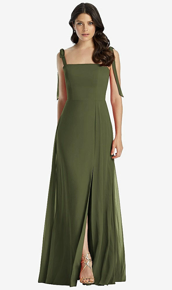 【STYLE: 3042】Tie-Shoulder Chiffon Maxi Dress with Front Slit【COLOR: Olive Green】
