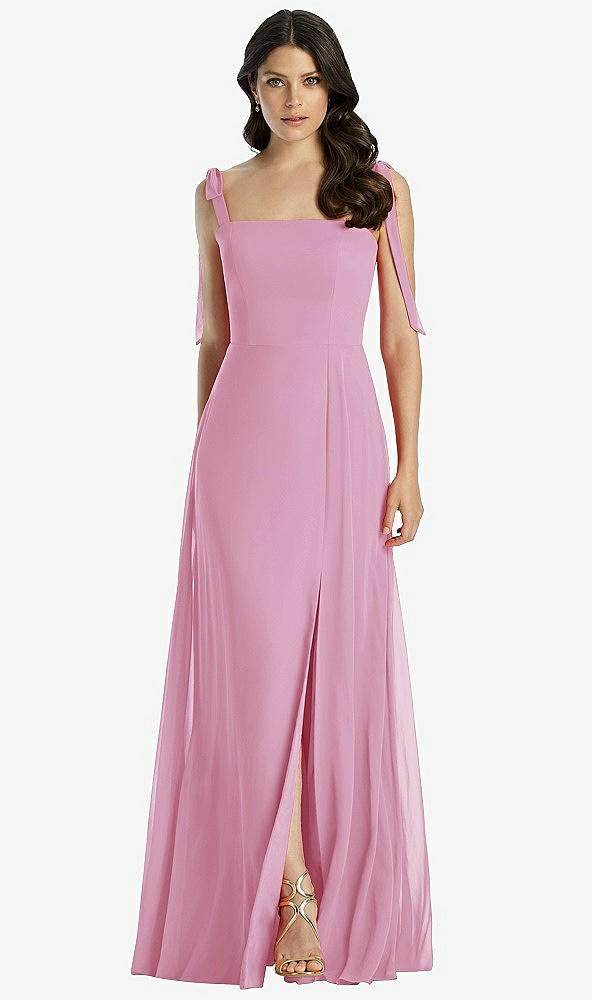 【STYLE: 3042】Tie-Shoulder Chiffon Maxi Dress with Front Slit【COLOR: Powder Pink】