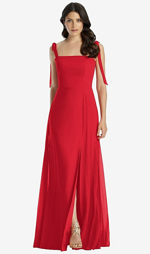 【STYLE: 3042】Tie-Shoulder Chiffon Maxi Dress with Front Slit【COLOR: Parisian Red】