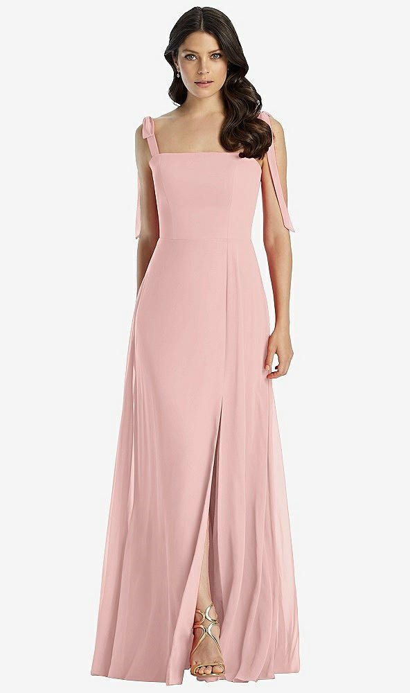 【STYLE: 3042】Tie-Shoulder Chiffon Maxi Dress with Front Slit【COLOR: Rose - PANTONE Rose Quartz】