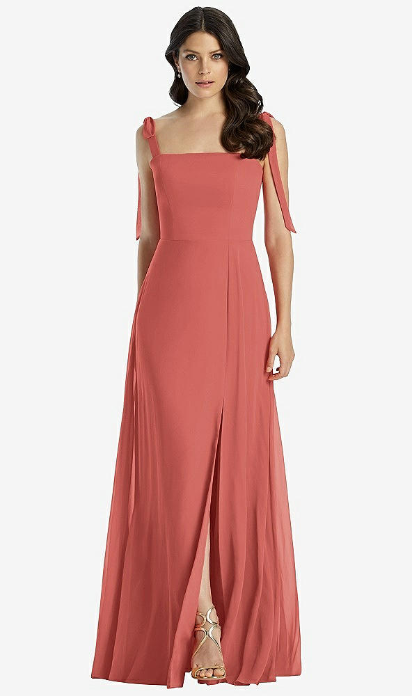 【STYLE: 3042】Tie-Shoulder Chiffon Maxi Dress with Front Slit【COLOR: Coral Pink】
