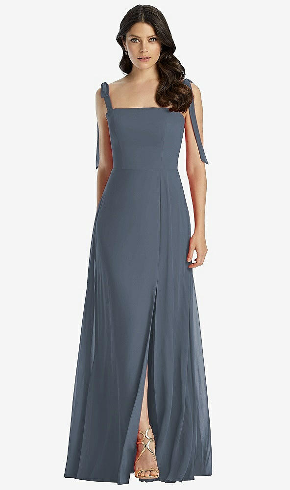 【STYLE: 3042】Tie-Shoulder Chiffon Maxi Dress with Front Slit【COLOR: Silverstone】
