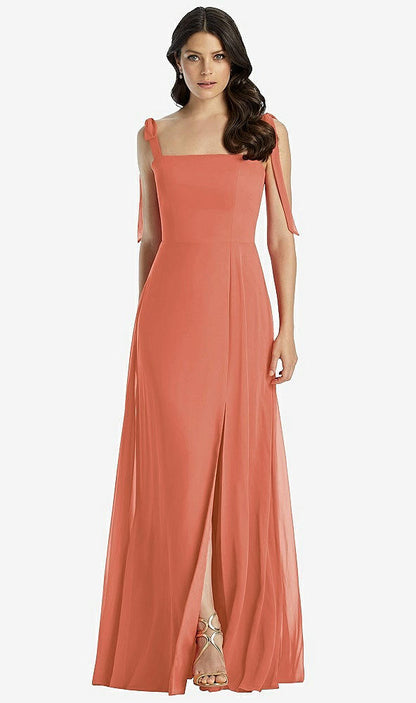 【STYLE: 3042】Tie-Shoulder Chiffon Maxi Dress with Front Slit【COLOR: Terracotta Copper】