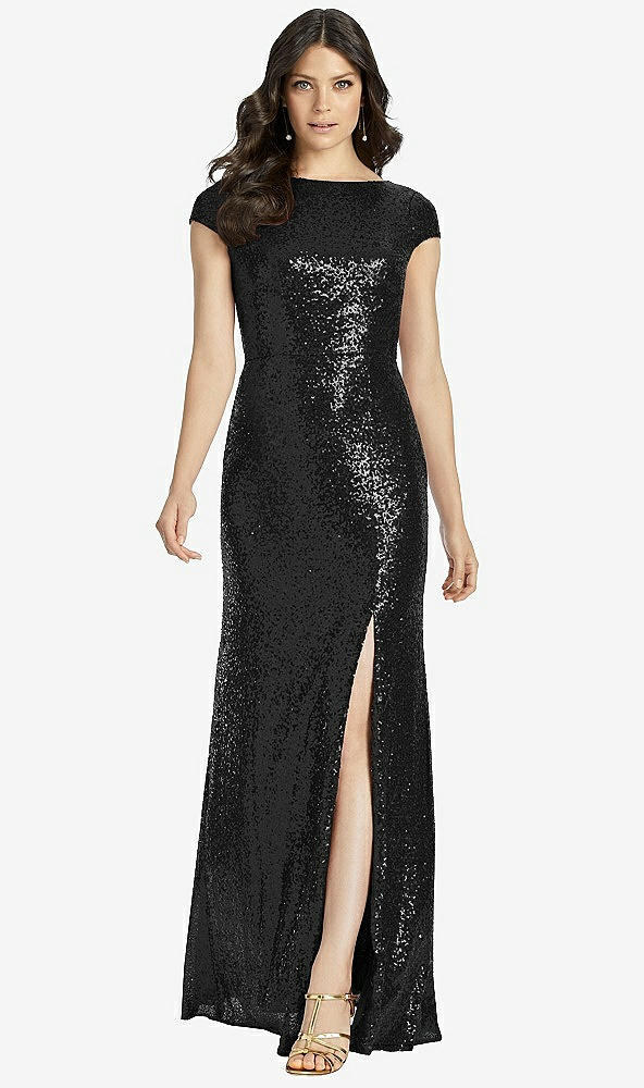【STYLE: 3043】Cap Sleeve Cowl-Back Sequin Gown with Front Slit【COLOR: Black】