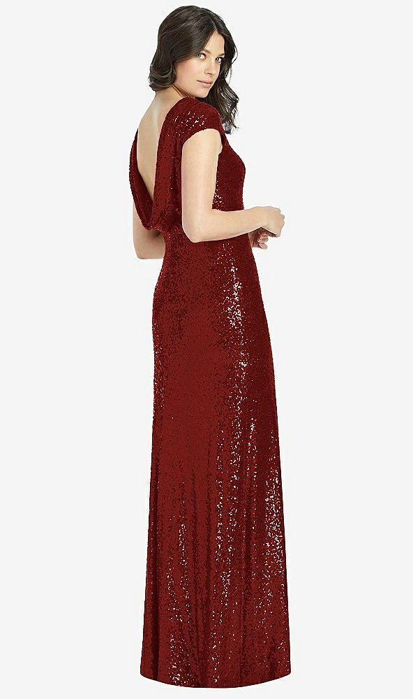 【STYLE: 3043】Cap Sleeve Cowl-Back Sequin Gown with Front Slit【COLOR: Burgundy】