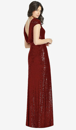 【STYLE: 3043】Cap Sleeve Cowl-Back Sequin Gown with Front Slit【COLOR: Burgundy】