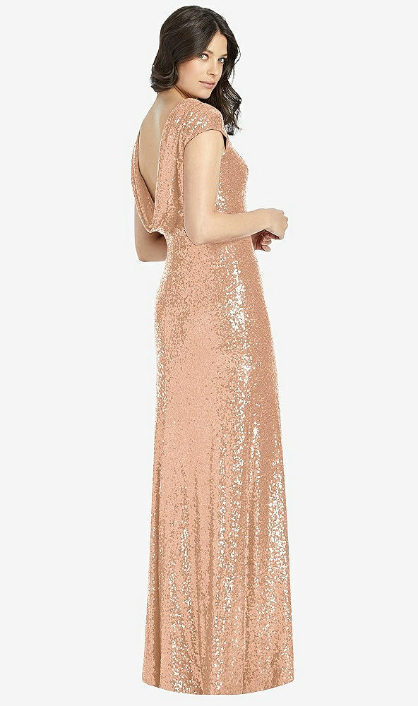 【STYLE: 3043】Cap Sleeve Cowl-Back Sequin Gown with Front Slit【COLOR: Copper Rose】