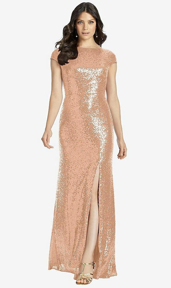 【STYLE: 3043】Cap Sleeve Cowl-Back Sequin Gown with Front Slit【COLOR: Copper Rose】