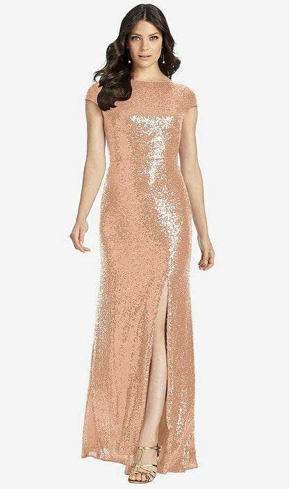 【STYLE: 3043】Cap Sleeve Cowl-Back Sequin Gown with Front Slit【COLOR: Copper Rose】