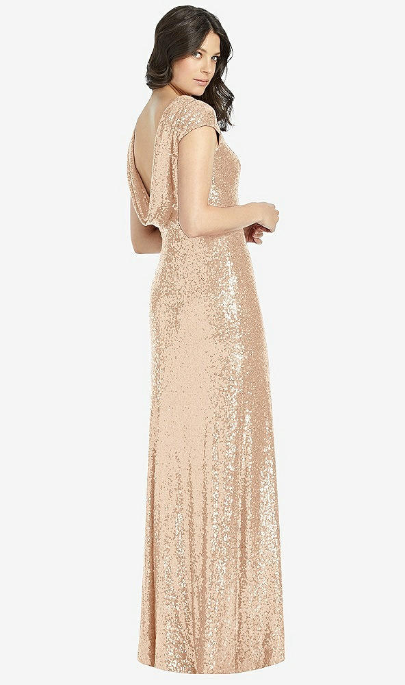 【STYLE: 3043】Cap Sleeve Cowl-Back Sequin Gown with Front Slit【COLOR: Rose Gold】