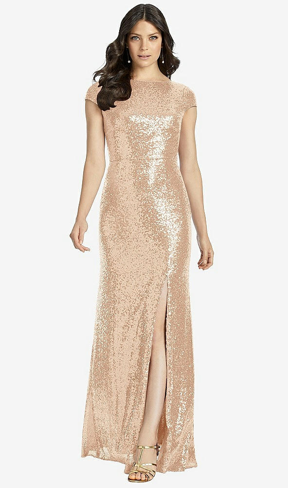 【STYLE: 3043】Cap Sleeve Cowl-Back Sequin Gown with Front Slit【COLOR: Rose Gold】